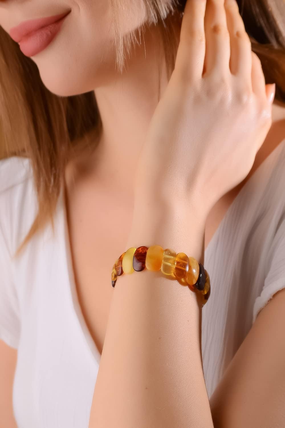 Amber Stretch Bracelet for Women – 7” - Unique Stone Cut Bracelet Amber Stone Jewelry for Adults