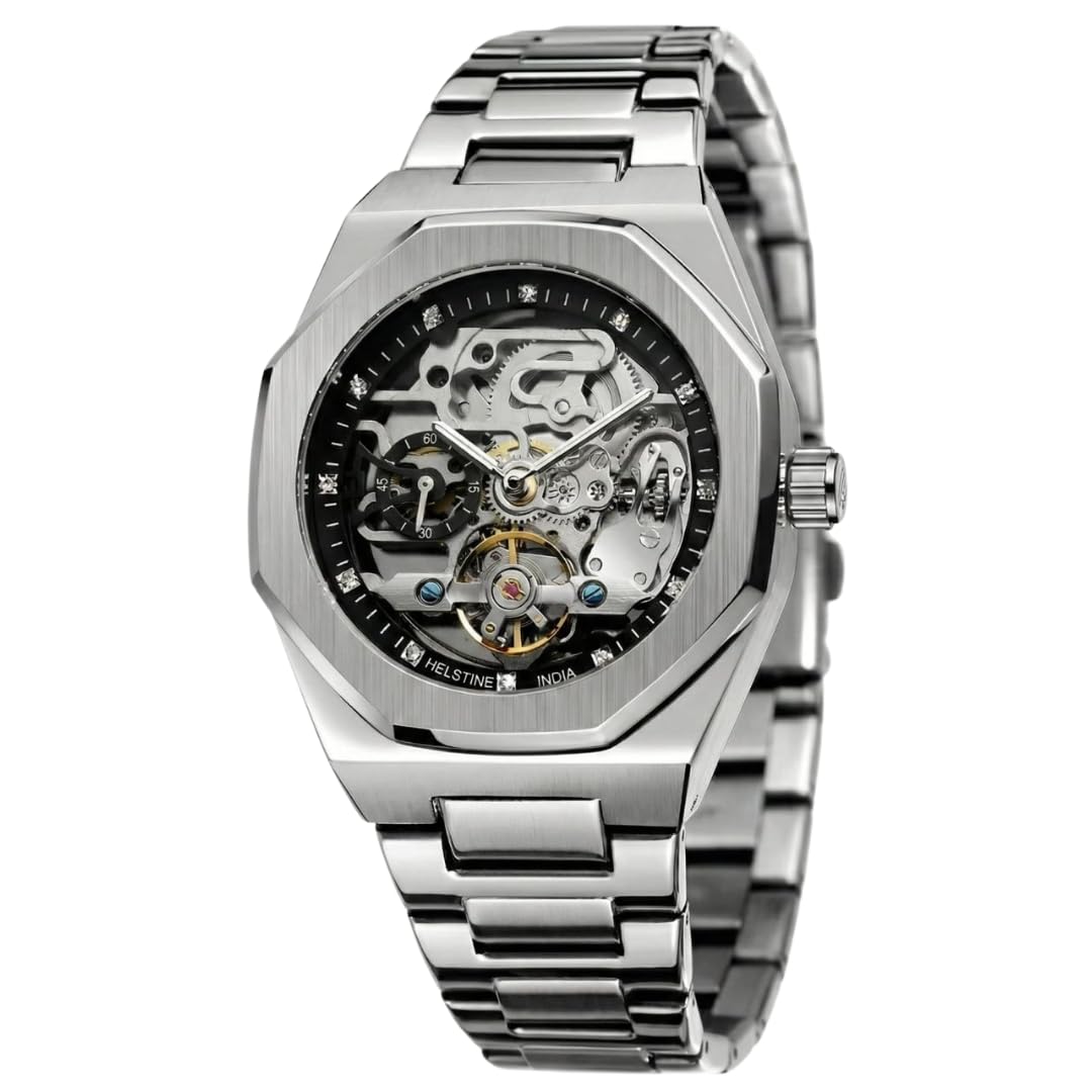 Automatic Watch for Men | Skeleton Dial, Tourbillon Style Mechanical Movement | 48H Power Reserve | Stainless Steel Case & Bracelet | Hardlex Crystal | Luminous Hands | 3ATM Water Resistant | Butterfly Clasp-image-47