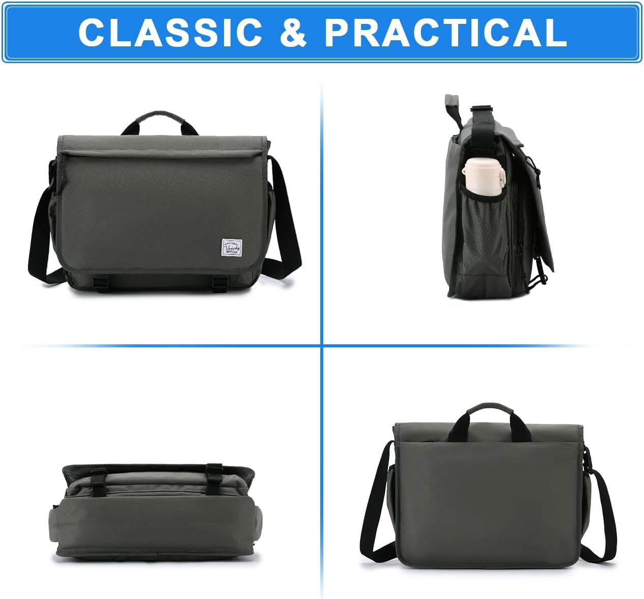 VASCHY Messenger Bag for Men,Water Resistant Casual Satchel Briefcase Fashion Laptop Work Bag Crossbody Shoulder Handbag for Women College Campus Gray