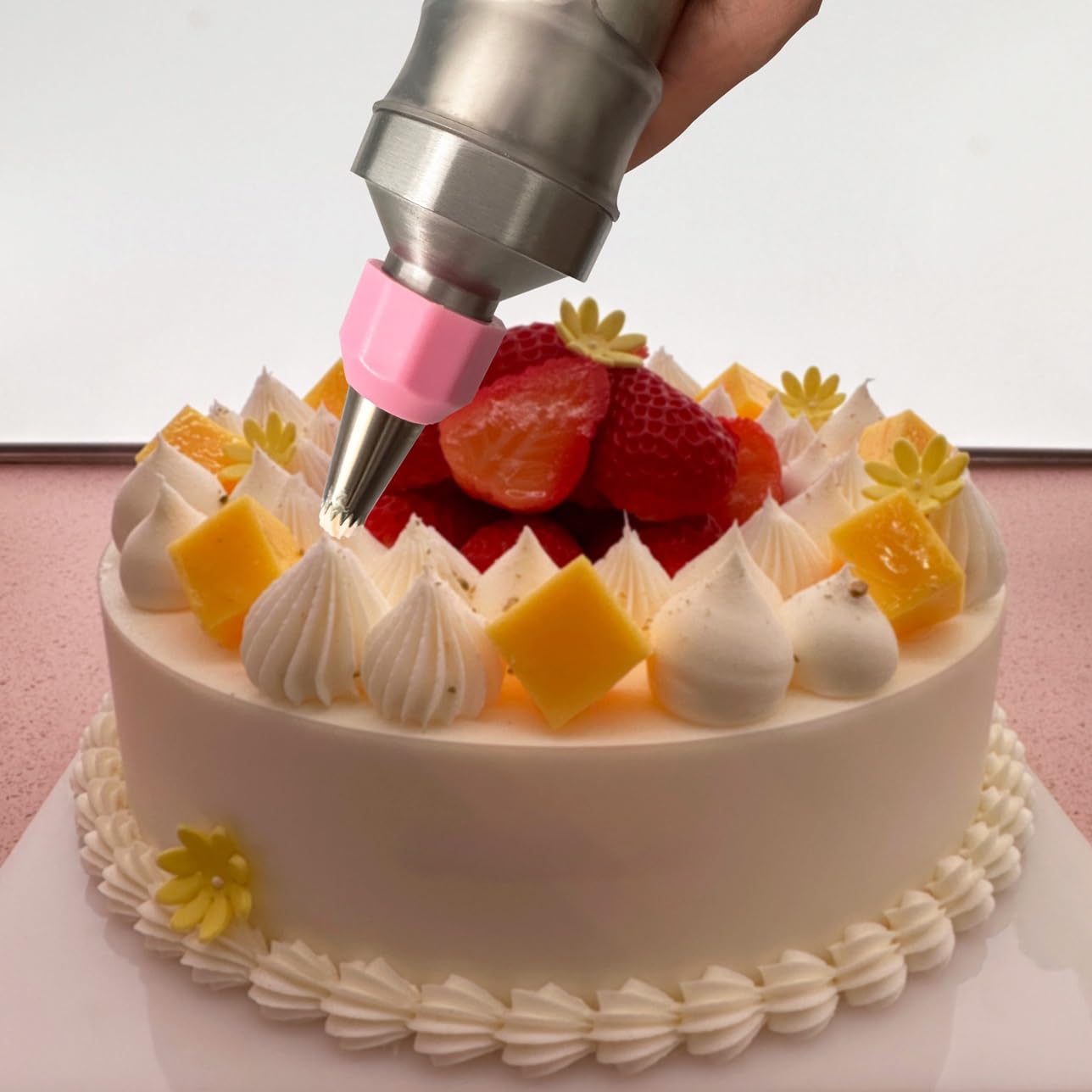 Juego de jeringas para decoración de postres, pistola para decoración de pasteles, kit de tuberías de glaseado de acero inoxidable, herramientas de decoración de pasteles (plata y rosa)