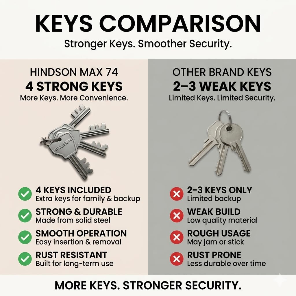 HINDSON 4 Locking Heavy Duty Padlock | Lock MAX 74 | 9 Lever Steel Lock & Key | Chrome Finish Big Size 610g Approx Padlock with 4 Keys for Home, Gate & Shutter Security — Amazon image 5