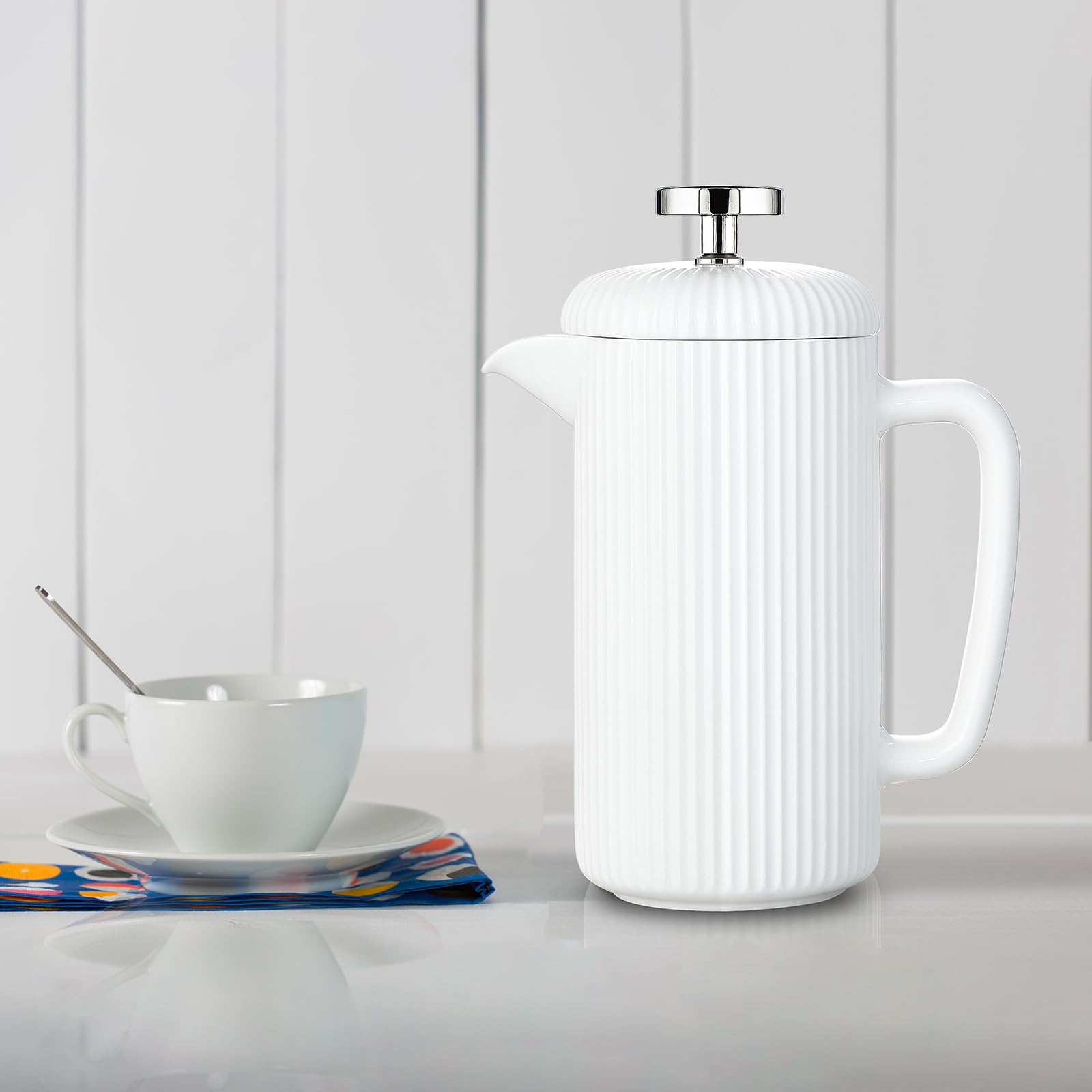 Easyworkz Porzellan-French-Press, 1000ml, Kaffeemaschine mit Edelstahl-Kolben, Elfenbein