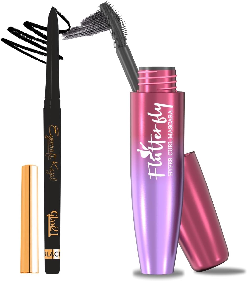 Glam21 Eye Makeup Combo: Flutterfly Hyper Curl Waterproof Mascara 10ml & Eyecraft Kajal Eyeliner Pencil 0.25gm | Super Black, Smudgeproof | Pack of 2