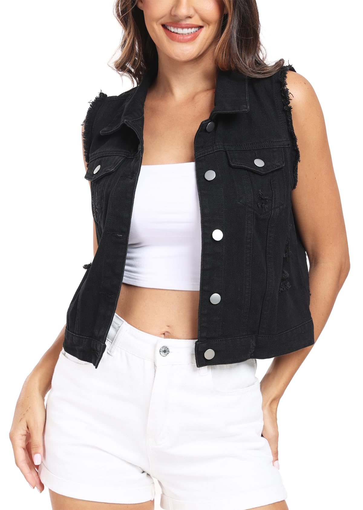 MISS MOLY Women's Cropped Distressed Ripped Denim Vest Classic Sleeveless Jean Vest Jackets With Flap Pockets