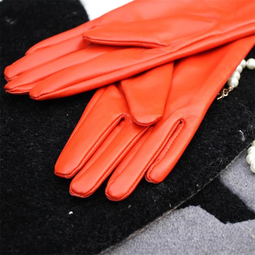 Damen Lange Orange Echtes Leder Handschuhe Schaffell über Ellenbogen Benutzerdefinierte Größe Warm Winter Opern-Stil