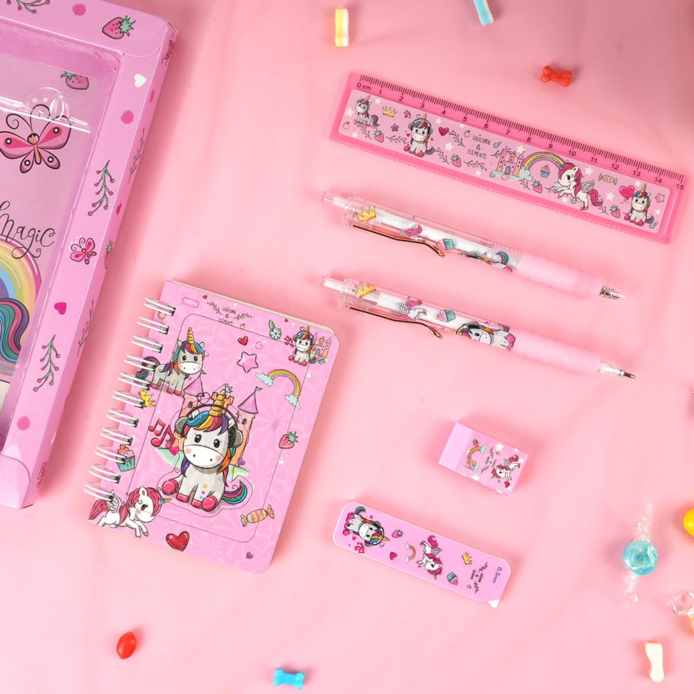 OFFCUP Set Di Cancelleria per Unicorno, Cancelleria per Regalo Bambina, Regalo Di Compleanno per Bambini, Include Penna Gel, Portamine, Righelli, Gomma, Temperamatite e Taccuino per Bambina Regalo