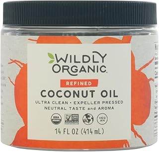 Wildly Organic Refined Coconut Oil 14 Fl Oz - Organic, Non-GMO, Vegan, RBD, No Coconut Flavor/Aroma (Neutral Flavor) - Perfect for Skin, Hair, Cooking, & Baking - BPA-Free Container