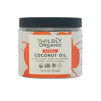 Wildly Organic Refined Coconut Oil 14 Fl Oz - Organic, Non-GMO, Vegan, RBD, No Coconut Flavor/Aroma Neutral Flavor - Perfect for Skin, Hair, Cooking, Baking - BPA-Free Container