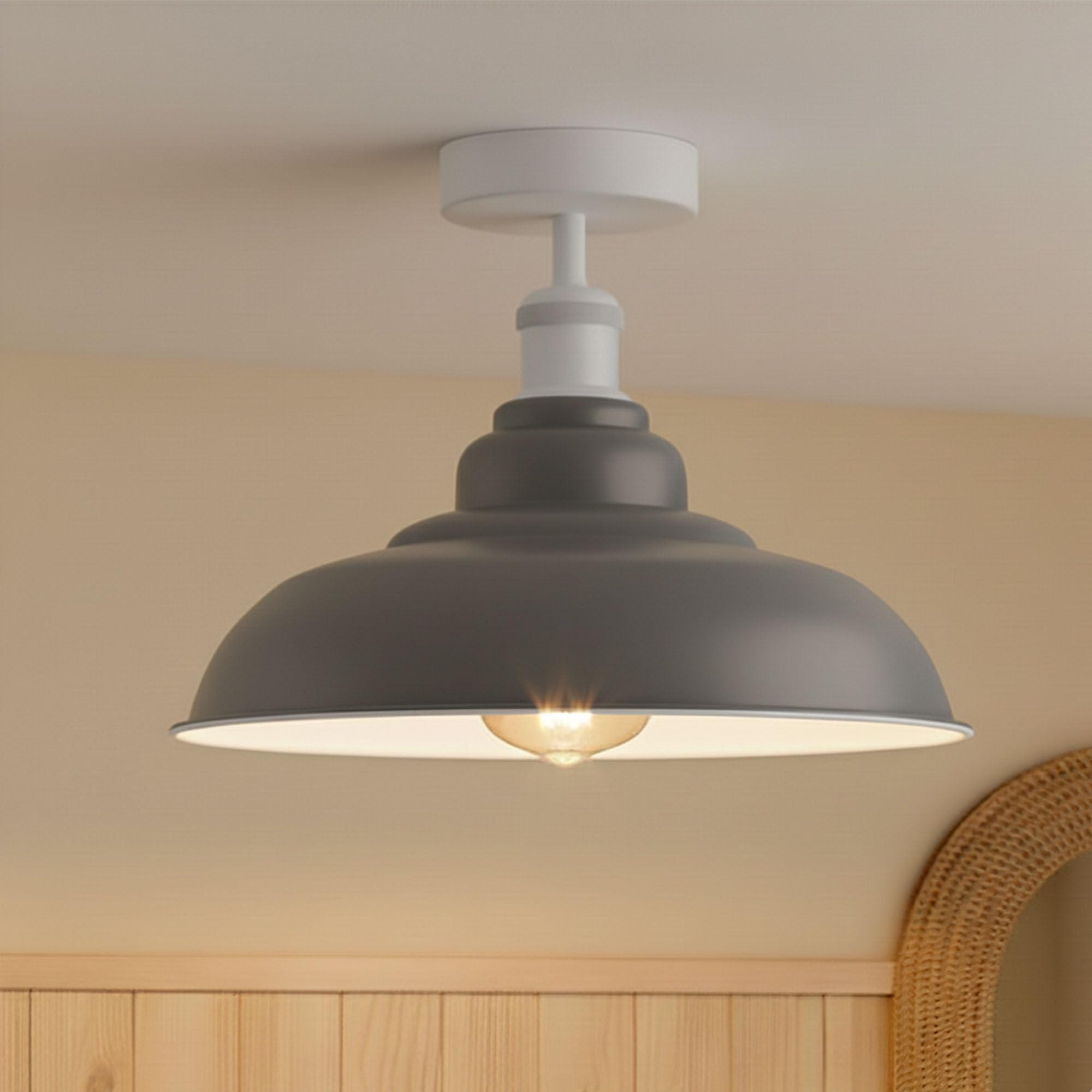 DC VOLTAGE Vintage Flush Mount Ceiling Lighting E27 Holder with 32cm Grey Lampshade Easy Fit Premium Quality Anti Rust Durable Metal Semi Flush Light Fitting for Kitchen Bedroom Livingroom (Grey)