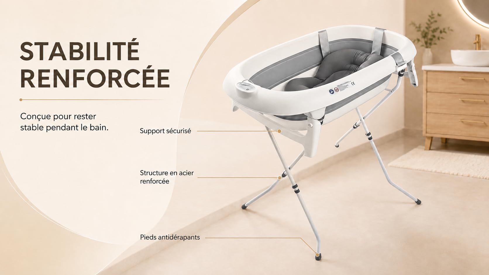 Baignoire Bébé sur Pied Pliable – Support Renforcé en Acier – Thermomètre Intégré – Coussin Ergonomique – Tuyau de Vidange – Pieds Antidérapants – Baignoire Bébé Gain de Place – Bébé Dauphin
