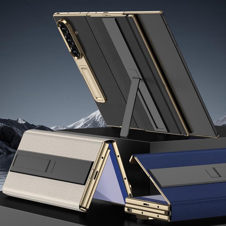 Skórzane etui na telefon Samsung Galaxy Z TriFold z wbudowaną osłoną ekranu ze szkła hartowanego, magnetyczne etui z klapką z podwójnym składanym stojakiem, ochrona całej obudowy (czarne, platerowana