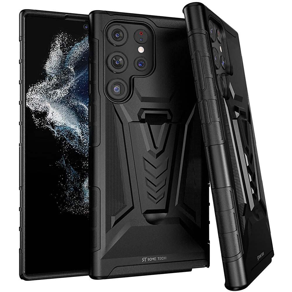 Rome Tech Belt Clip Holster Case for Samsung Galaxy S22 Ultra [SM-S908] Dual Layer Shockproof Cell Phone Cover with Kickstand - Heavy Duty Galaxy S22 Ultra Phone Case with Clip On - Black