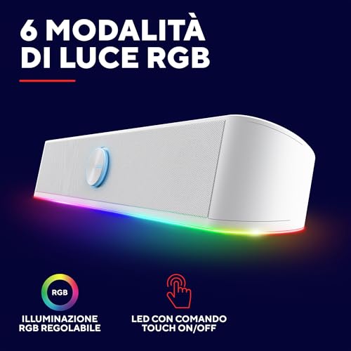 GXTrust 1619W Rhox Soundbar PC Illuminata RGB, 12W Casse PC Stereo Speaker con Illuminazione Regolabile, Alimentazione USB, Jack 3.5 mm, Altoparlanti per Computer Laptop TV, Bianco - Casse per PC - Immagine 3