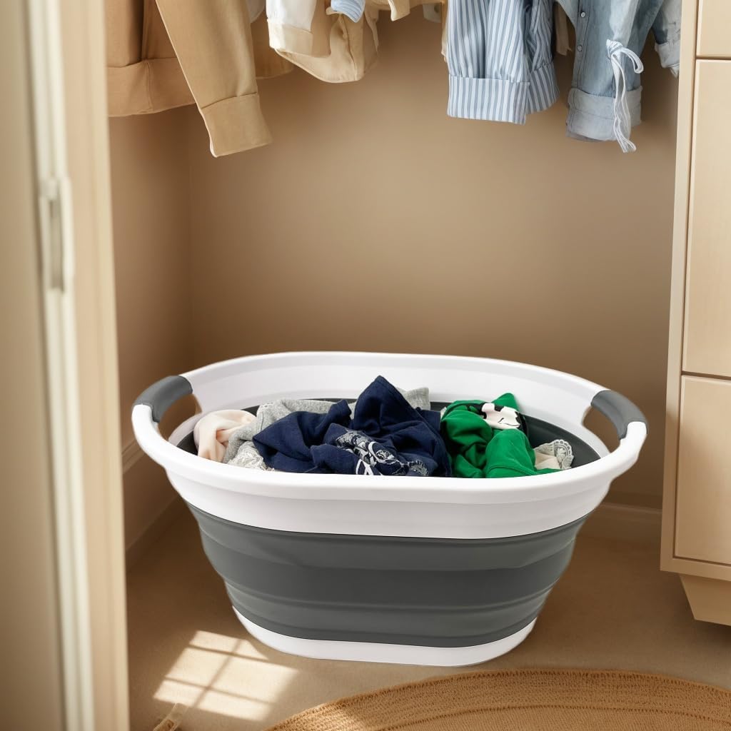 Cesta de lavandería ovalada de plástico plegable – Contenedor/organizador plegable – Tina de lavado portátil – Cesta de ahorro de espacio (blanco/gris acero, 32L) 2