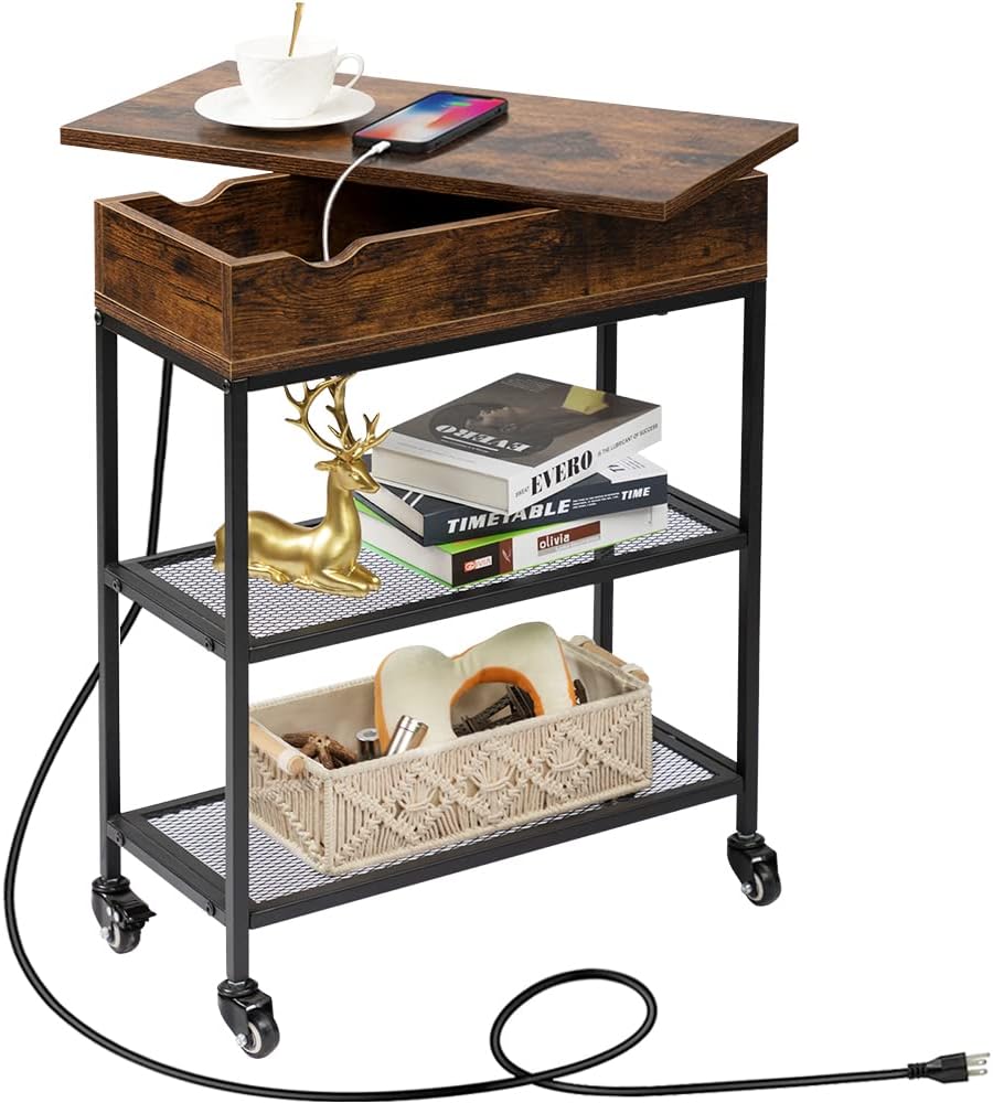 Hadulcet End Table with Charging Station & Rotating Top, Couch End Table, Rotating Swivel Top Side Table for Living Room & Bedroom, Narrow Rolling Side Table on Wheels, Skinny Nightstand, Rustic Brown