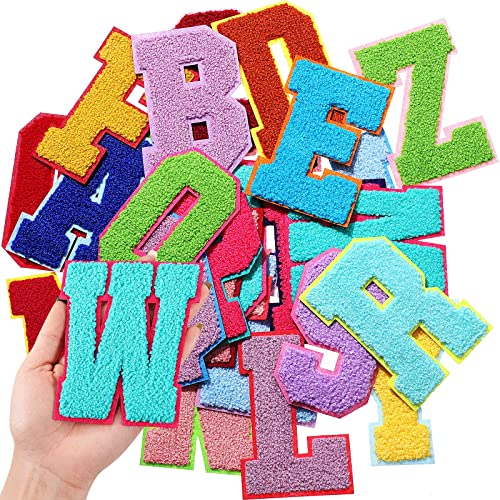 Waydress 26 Pcs Chenille Letter Iron on Patches 4.5 Inch Sew On Chenille A-Z Alphabet Letter Patches for DIY Supplies(Vivid Style)