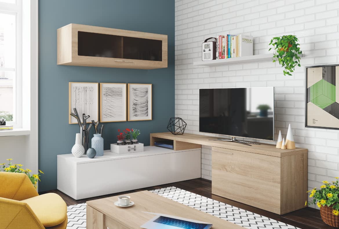 Parete attrezzata Porta TV 200 cm Nova Bianco Lucido e Rovere Canadese - Bianco Lucido/Rovere Canadian