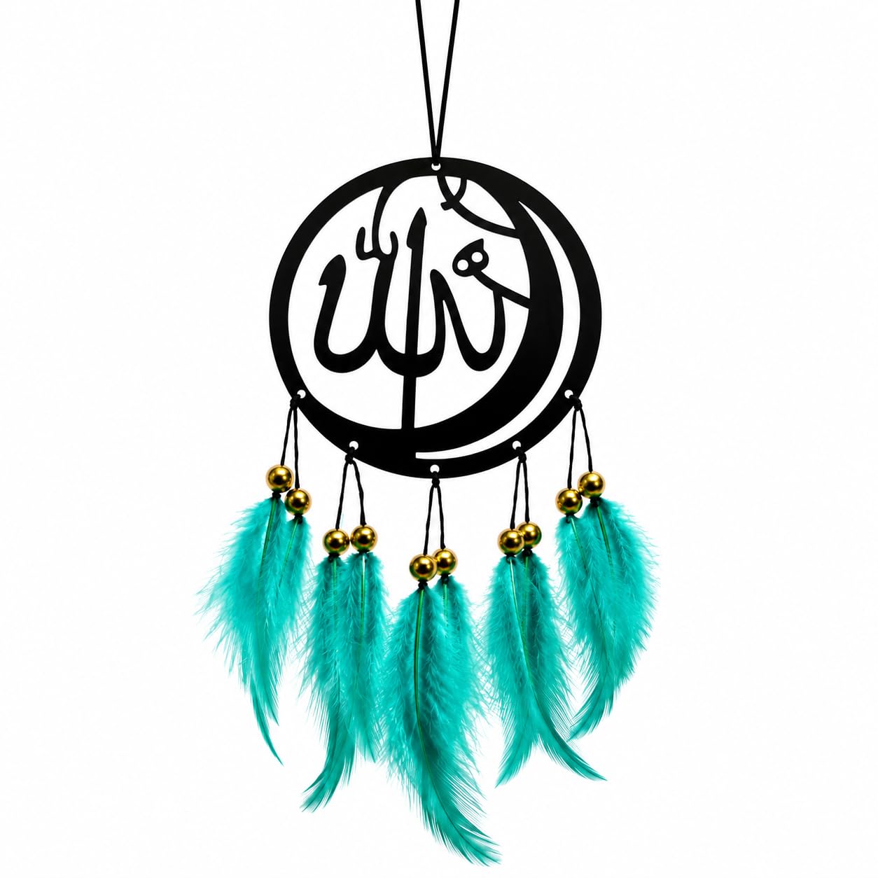 Allah Calligraphy Dream Catcher Wall Hanging, Black with Teal Feathers | Islamic Home Decor, Gold Beads Accent, Car Mirror Hanging, Crescent Moon Design, Wall & Car Use-image-22