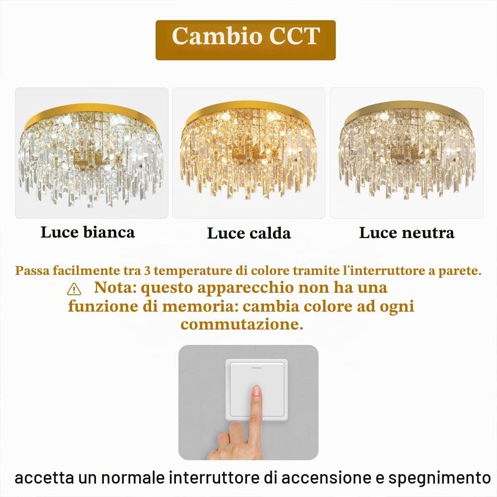 VETRULUS Lampadario Rotondo in Cristallo Oro 50cm – Plafoniera a Filo Soffitto di Lusso per Sala da Pranzo, Camera da Letto, Cucina, Soggiorno