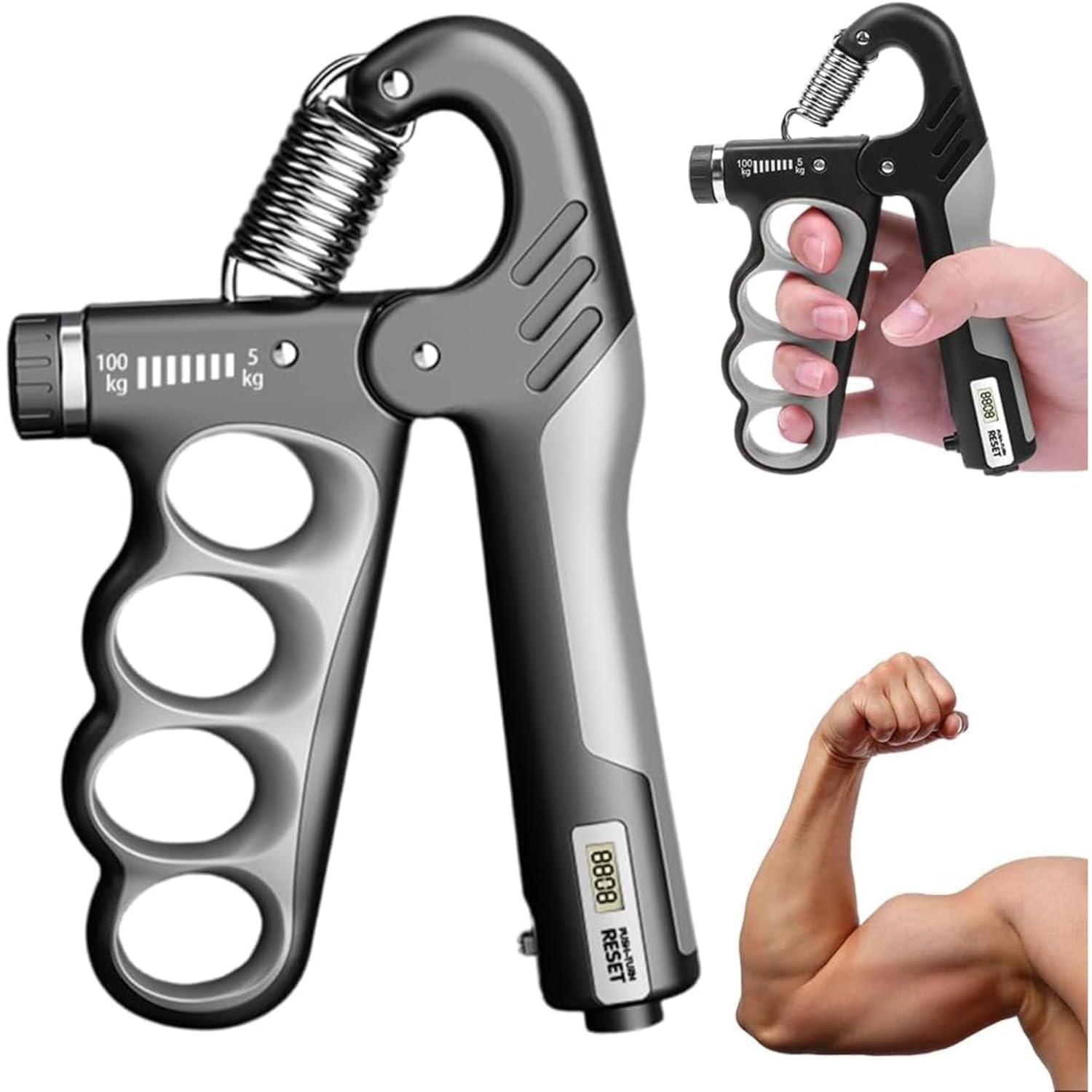 Adjustable Hand Gripper (5kg–100kg) | Metal Hand Gripper Combo with Counter for Hand Strength Training (Grey & Black)-image-15