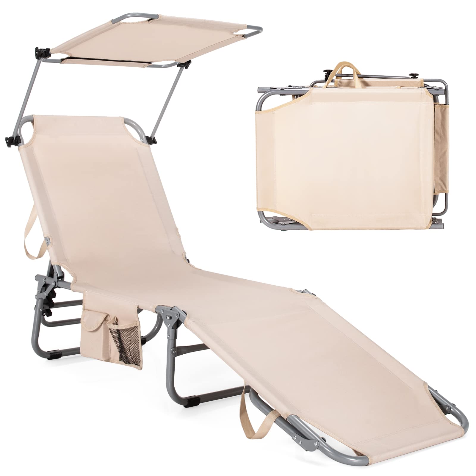 GYMAX Tanning Chair, Beach Lounge Chair with Canopy Sunshade, Carry Handle & Pocket, 5 Level Adjustable Layout Chaise Lounge for Outside, Folding Sunbath Chair for Outdoor, Patio, Poolside (1, Sand)