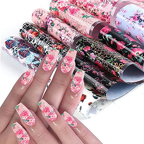 Bsbtbz K-64 Retro Flower Nail Art Foil Transfer Stickers, Nail Art Stickers Foil Transfers Decals Holographic Rose Flowers Starry Sky Design For Nails Supply Floral Manicure Tips Wraps Nail Art Decorations 10Pcs thumb #1