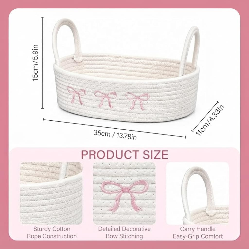 Nihoaya Pink Bow Basket, Storage Baskets with Handle Bathroom Decor image 2