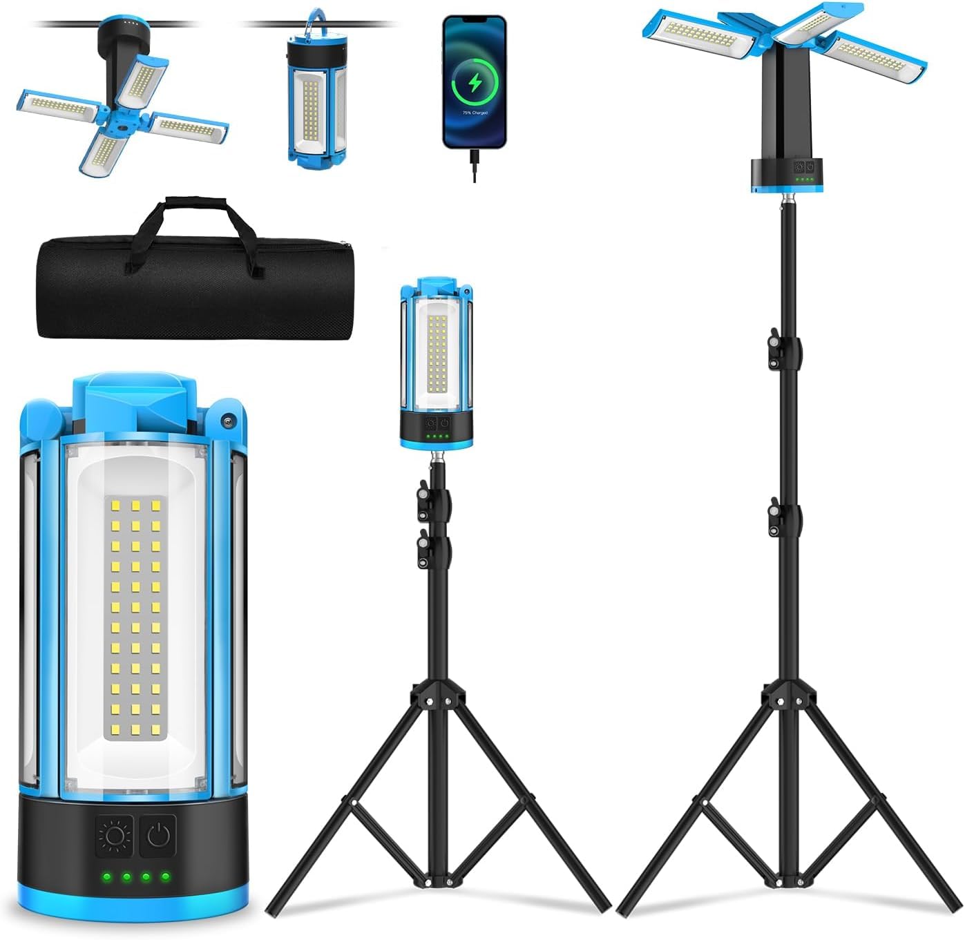 11000mAh Projecteur de Chantier LED Rechargeable avec Trépied, Lumières de Travail sans Fil à 3 Têtes, Lampes Portables Extérieures avec Blanc Froid 6500K Réglable, Trépied Démontable