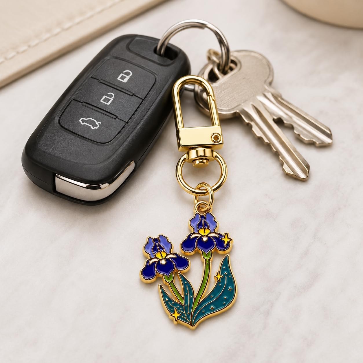 Enamel Iris Flower Keychains Gifts Blue Petal Flowers Keyring Car Keys Charms for Women Nature Lovers image 2