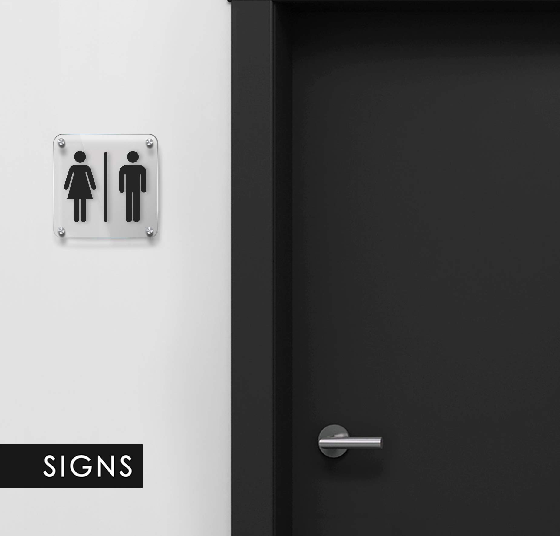 Signs [STAN08-nero] Set 4X Placas de pared con separadores en relieve (Español/Inglés): Toilettes, Hombre, Mujer, Discapacitado, cartel de baño. Letrero WC de pared para inodoro y para puerta.