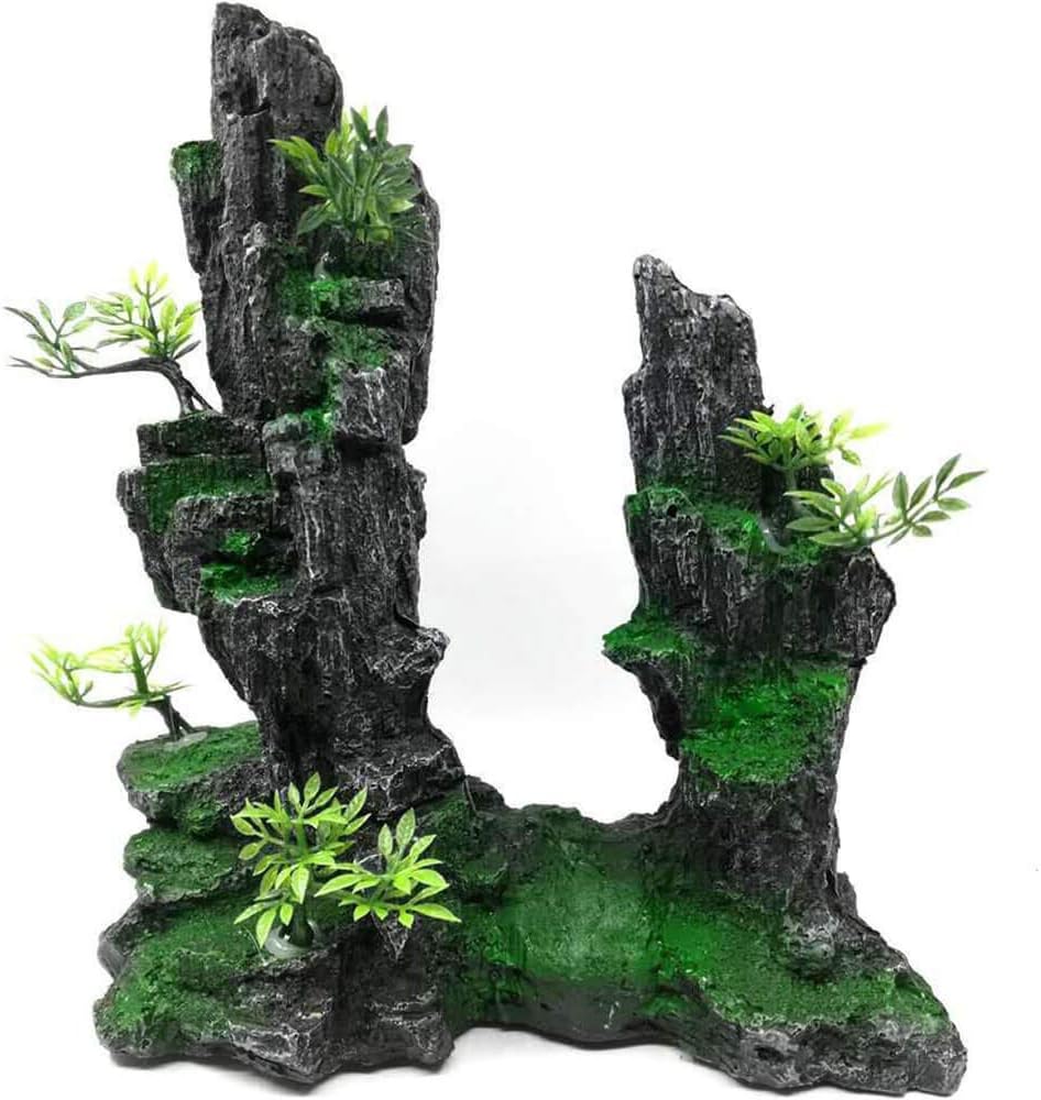 BCSIUHD Aquarium Mountain View Stone Ornament Tree Rock Cave Fish Tank Decorations with Small Plants