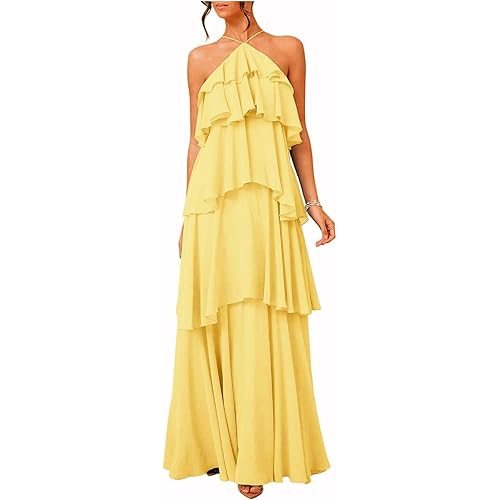 SOLY HUX Women's Sundresses Ruffle Layered Halter Flowy Maxi Dress Elegant Wedding Guest Dresses
