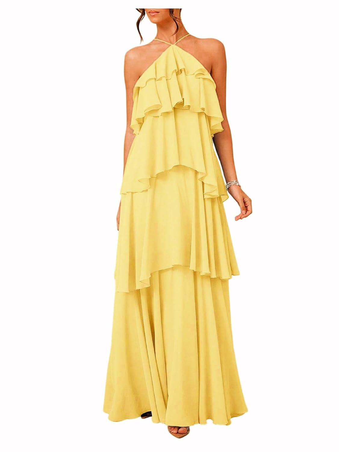 SOLY HUX Womens Sundresses Ruffle Layered Halter Flowy Maxi Dress Elegant Wedding Guest Dresses
