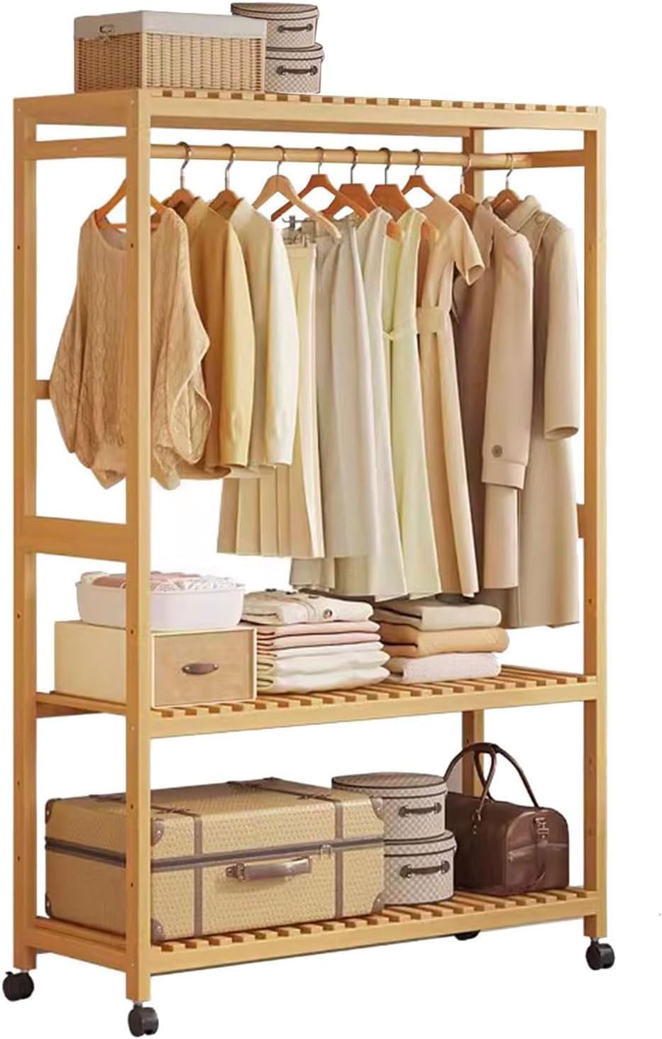 FGXHHS Bamboo Garment Rack on Wheels, Free Standing Clothes Rail with 2 Tier Storage Shelves, 83cm, Max Load 100KG (83x34x160cm)