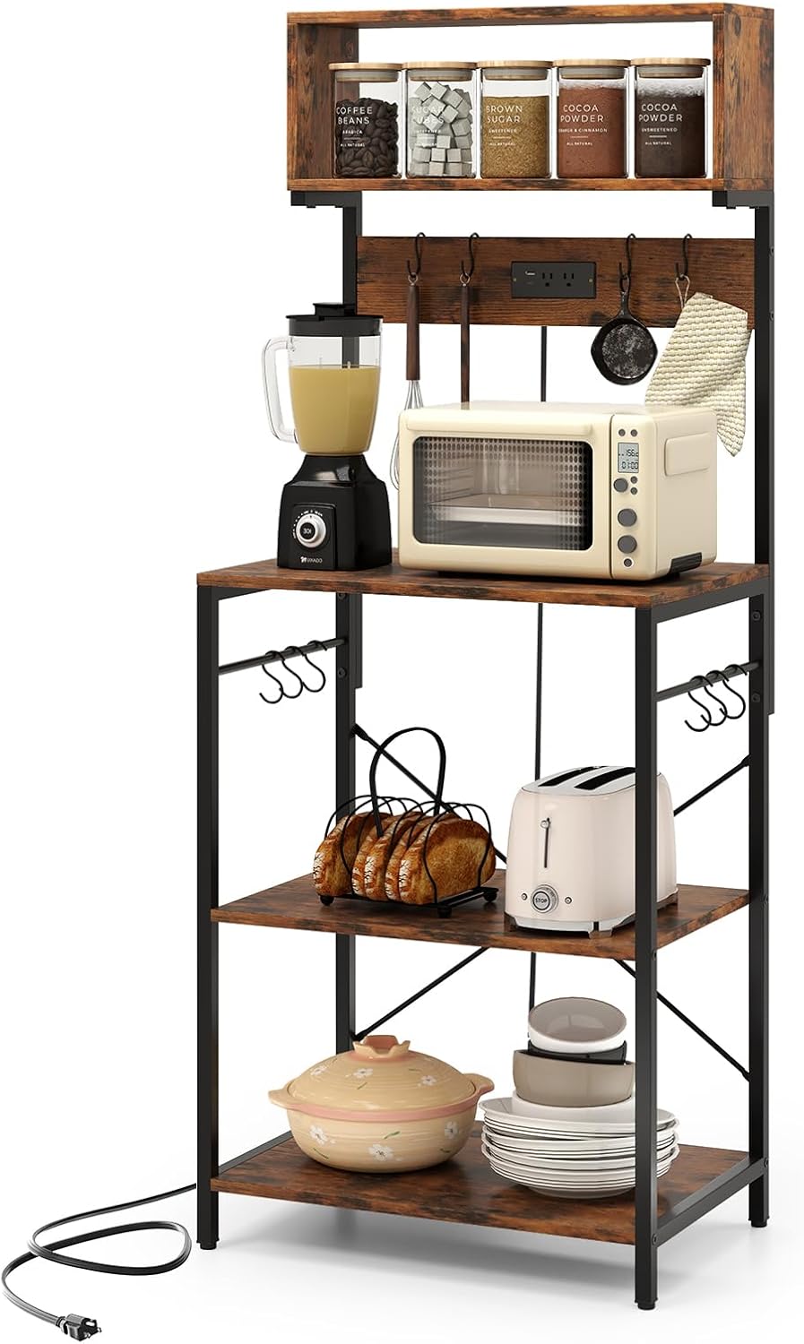 LOKO Baker’s Rack with Power Outlet, 5-Tier Microwave Stand with Open Shelves & 10 Hanging Hooks, 60” Tall Coffee Bar Station for Kitchen, Dining Room, Living Room, Rustic Brown