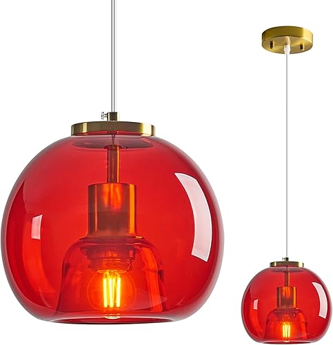 Luces colgantes de cristal rojo para isla de cocina, lámpara colgante dorada, lámpara colgante de globo de vidrio, iluminación colgante moderna para