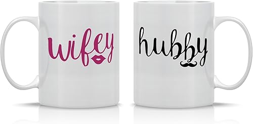 Miniatura 1 de Wifey And Hubby - Juego de tazas de café de cerámica de 11 onzas para parejas, regalos divertidos para parejas para él y ella, juego de regalo para