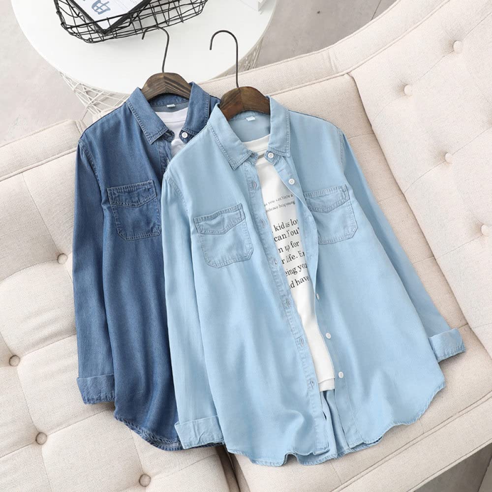 MIDJ Bluse Damen,Damen Denim Hemdjacke Basic Blau Seidenartige Weiche Jeanshemd Tunika V-Ausschnitt Lässiges Revers Businesshemd Lange Ärmel Vintage Knopf Übergangsjacke für Mädchen,Hellblau,S