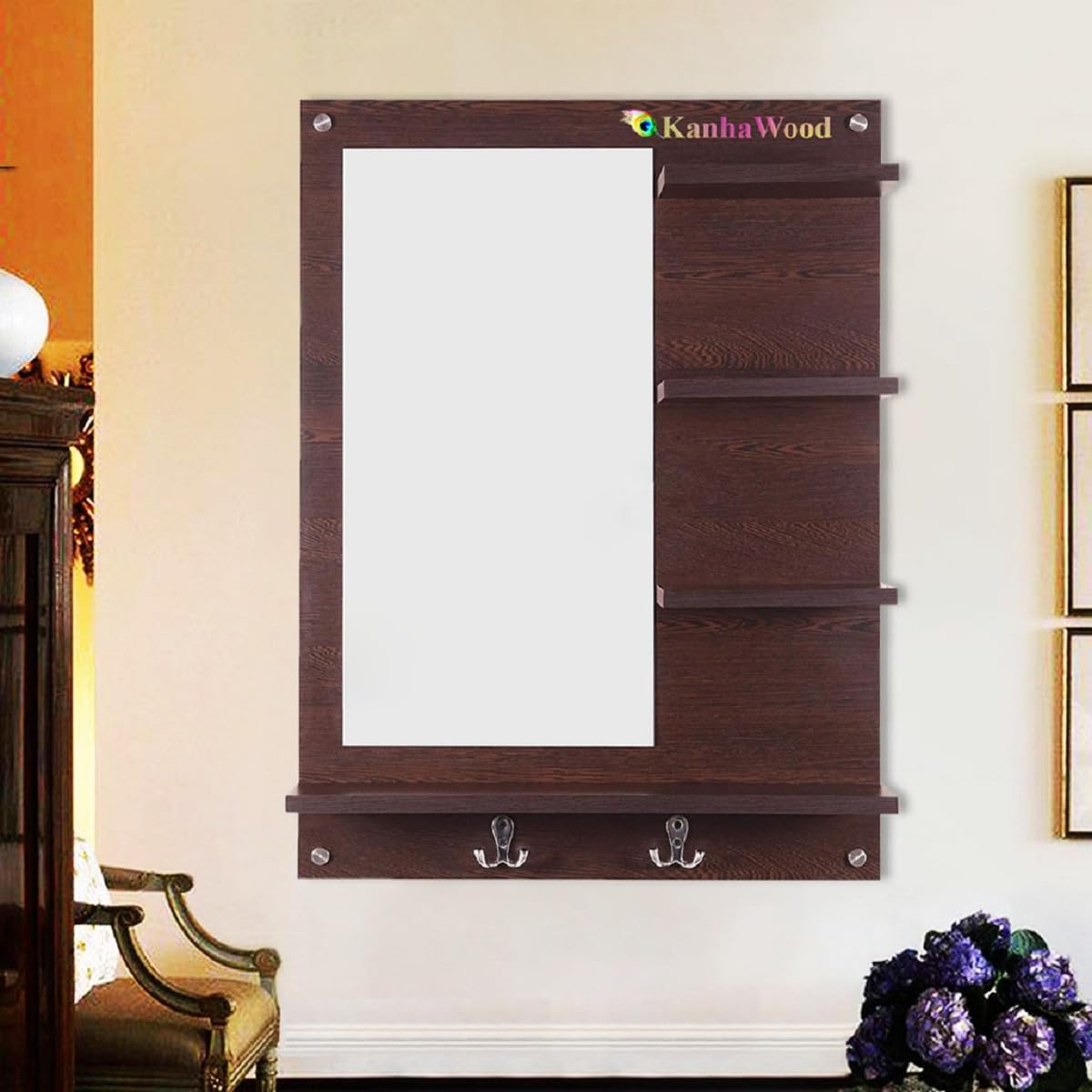 Wall Mounted Dressing Mirror with Shelves for Bedroom & Living Room | Space Saving Hanging Mirror in Wenge Finish | 70 x 55 x 1.7 cm
