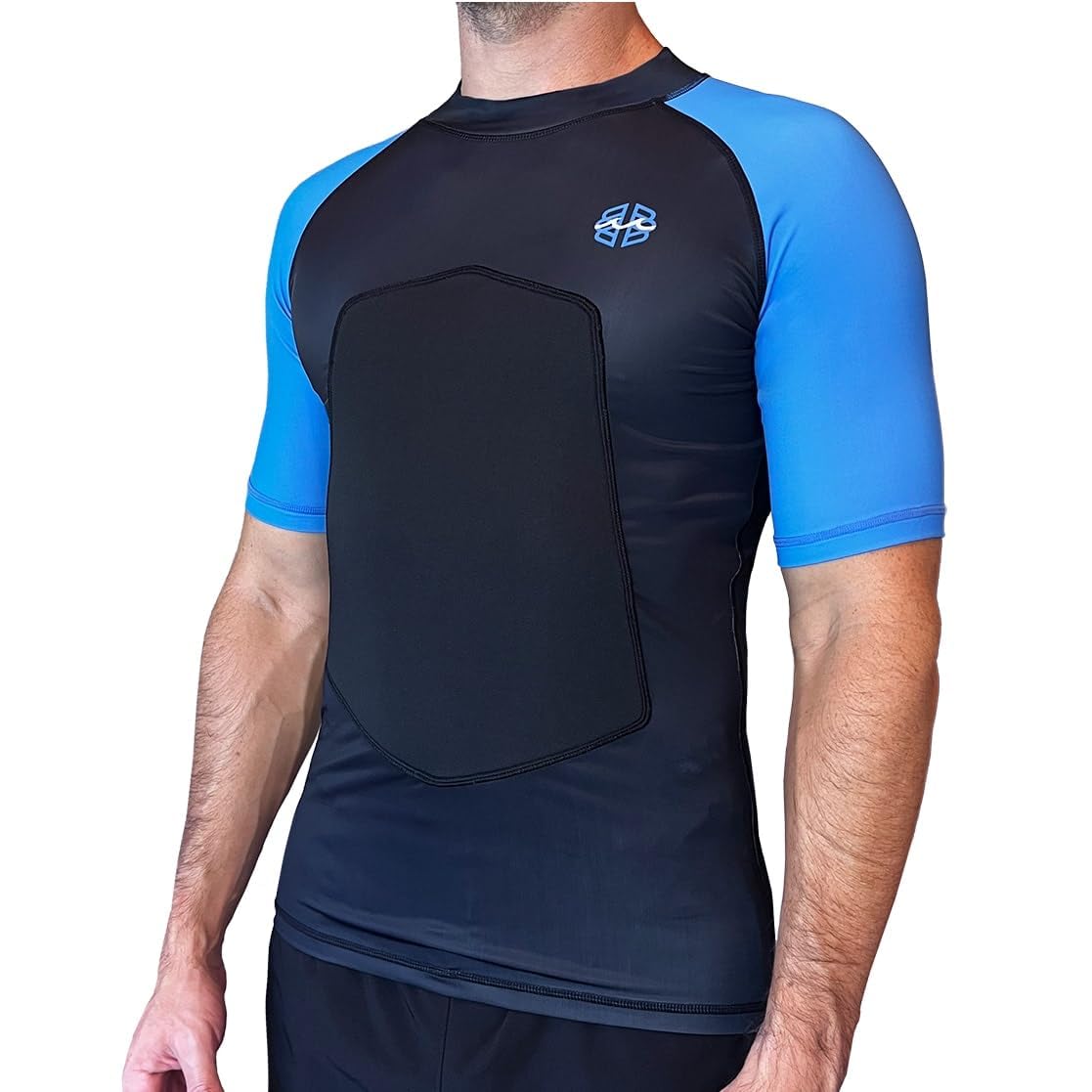 RIBBY SPF 50+ 5mm Padded Rash Guard, Black and Blue, Short Sleeve
