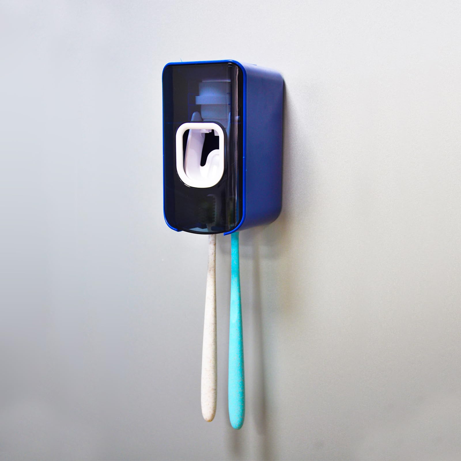 Soporte para cepillo de dientes de 2 ranuras y dispensador de pasta de dientes montado en la pared, exprimidor automático de pasta de dientes, organizador de pasta de dientes 2 en 1 para ducha (azul