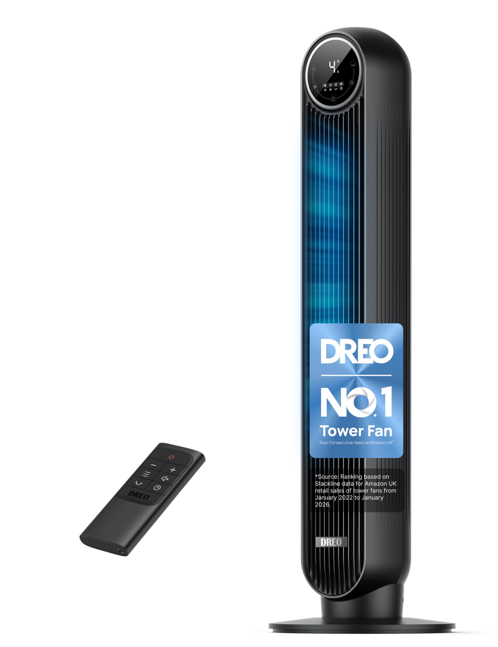 28dB Silent Tower Fan, 25 ft/s Velocity Electric Cooling Fan with Remote, 90° Oscillating 4 Speeds 4 Modes 8H Timer LED Display, Quiet Standing Bladeless Floor Fans for Bedroom, Nomad One, Black