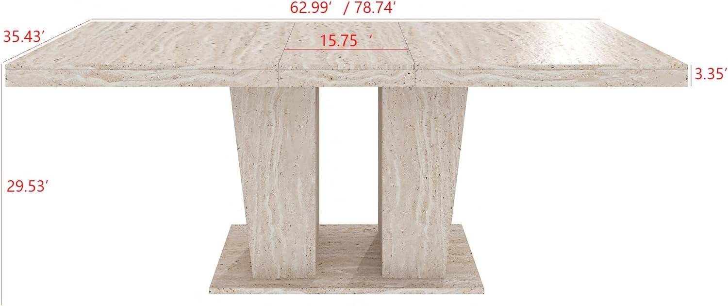 KEIKI 63"-79" Extendable Rectangular Dining Table for 6-10, Aged Wood Farmhouse Kitchen Table with Veined Travertine Pattern and Thick Top, Large Dining Room Table, Beige