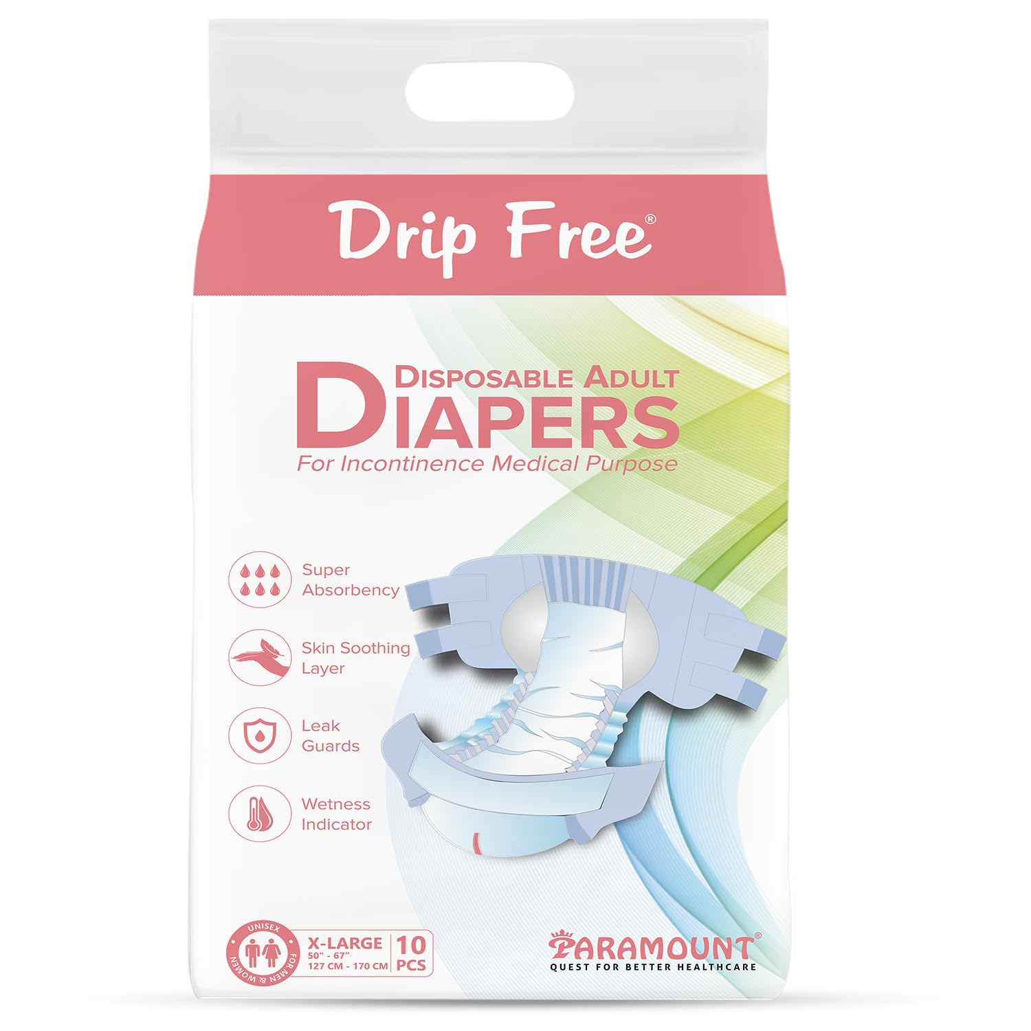 Drip Free Adult Diapers, Tape Style, Extra Large (XL) Size, 10 Count, Waist Size (127-170cm | 50"- 67" Inch), Unisex, High Absorbency, Leak Proof, Wetness Indicator-image-9