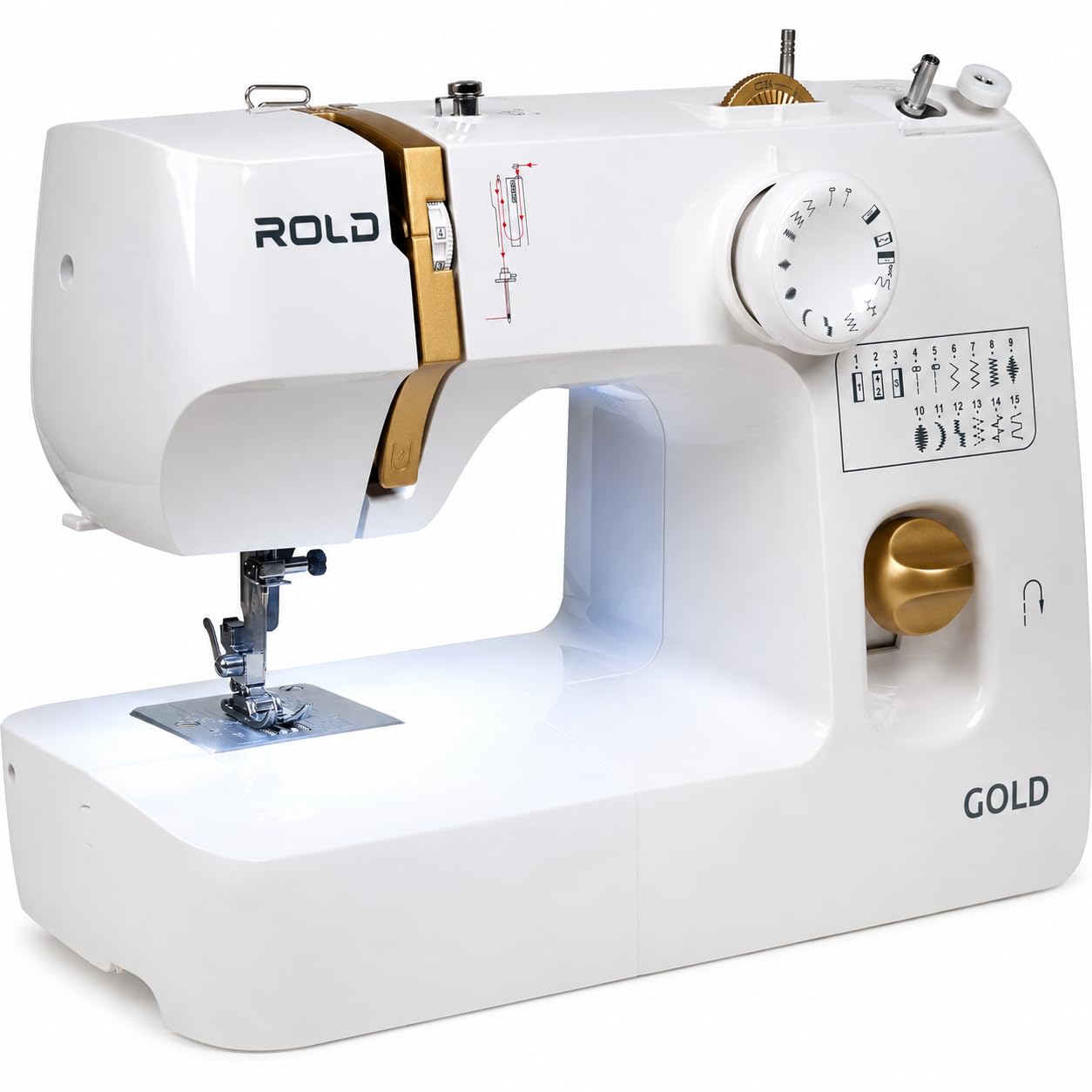 ROLD Gold kompakte elektromechanische Nähmaschine für Einsteiger mit 15 Programmen, starkem Motor und LED-Beleuchtung