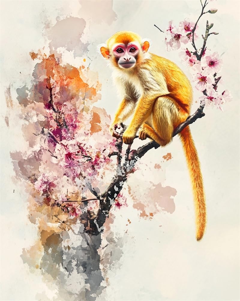 Henypt Home Cross Stitch Kits for Adults Pre Printed, Monkey Standing On A Plum Blossom Branch DIY 11Ct Embroidery Sewing Starter Kit Stamped Needlework Easy Beginners (Stamped Home)