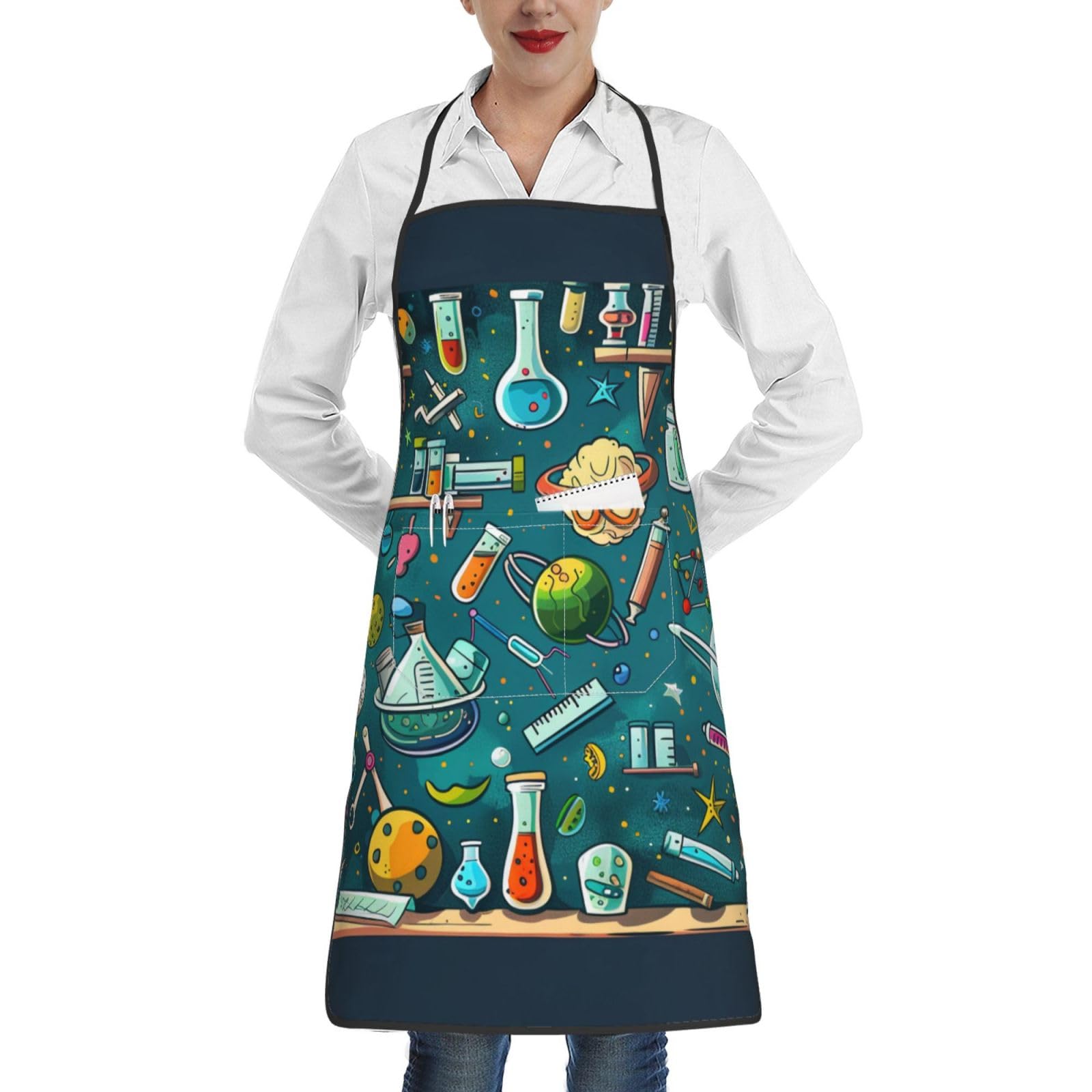 Smazdfxx Unisex As Pic Cartoon Science Theme Printed Adjustable Cooking Apron With Pocket, Kitchen Apron,Chef Apron,20.4X28.3in