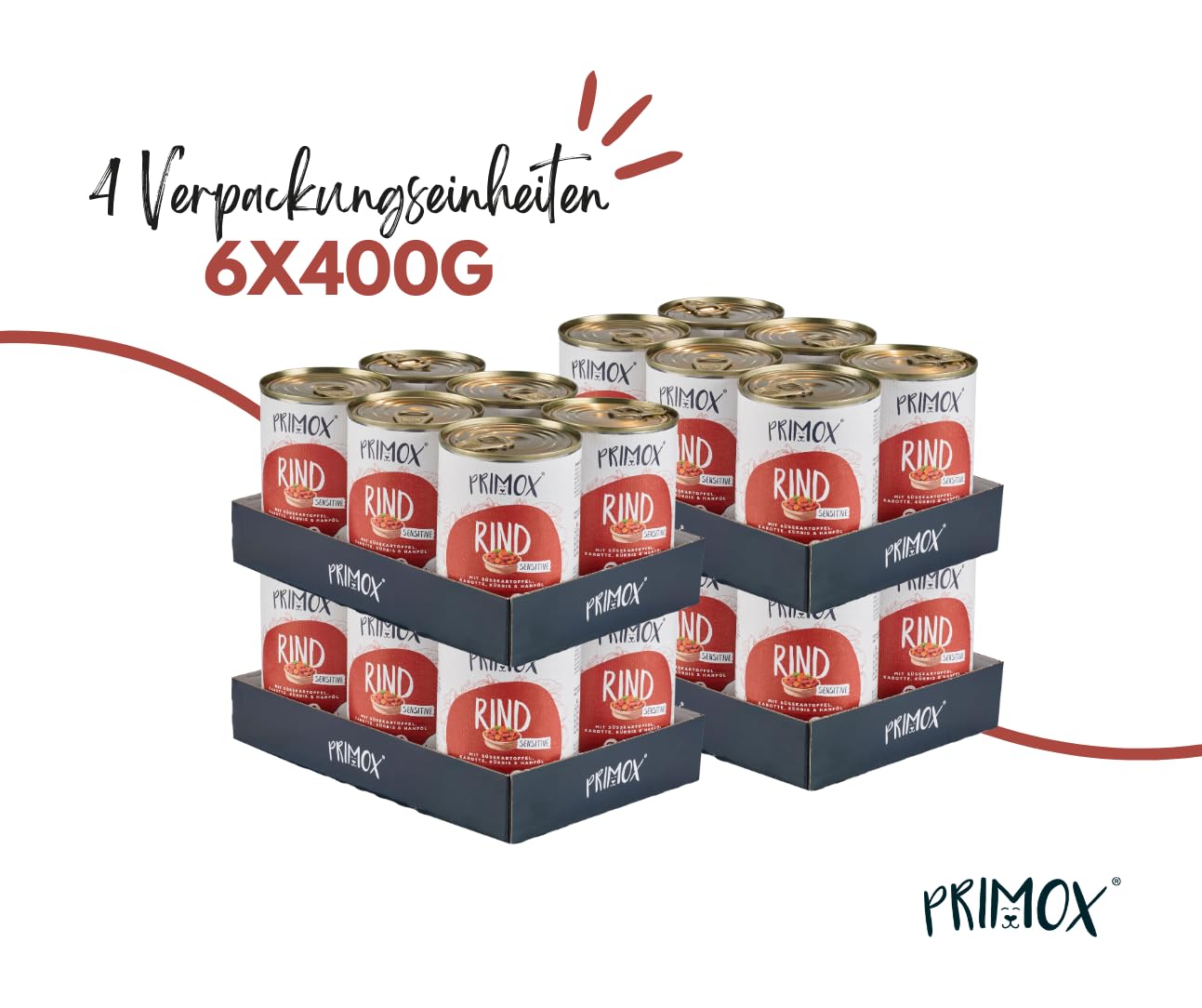 PRIMOX Hundefutter nass MENÜ Rind, 24x 400 g - Vollwertiges Nassfutter mit Fleisch & Gemüse - Monoprotein-Quelle ohne Getreide & Zucker - Mit Tierärzten entwickelt