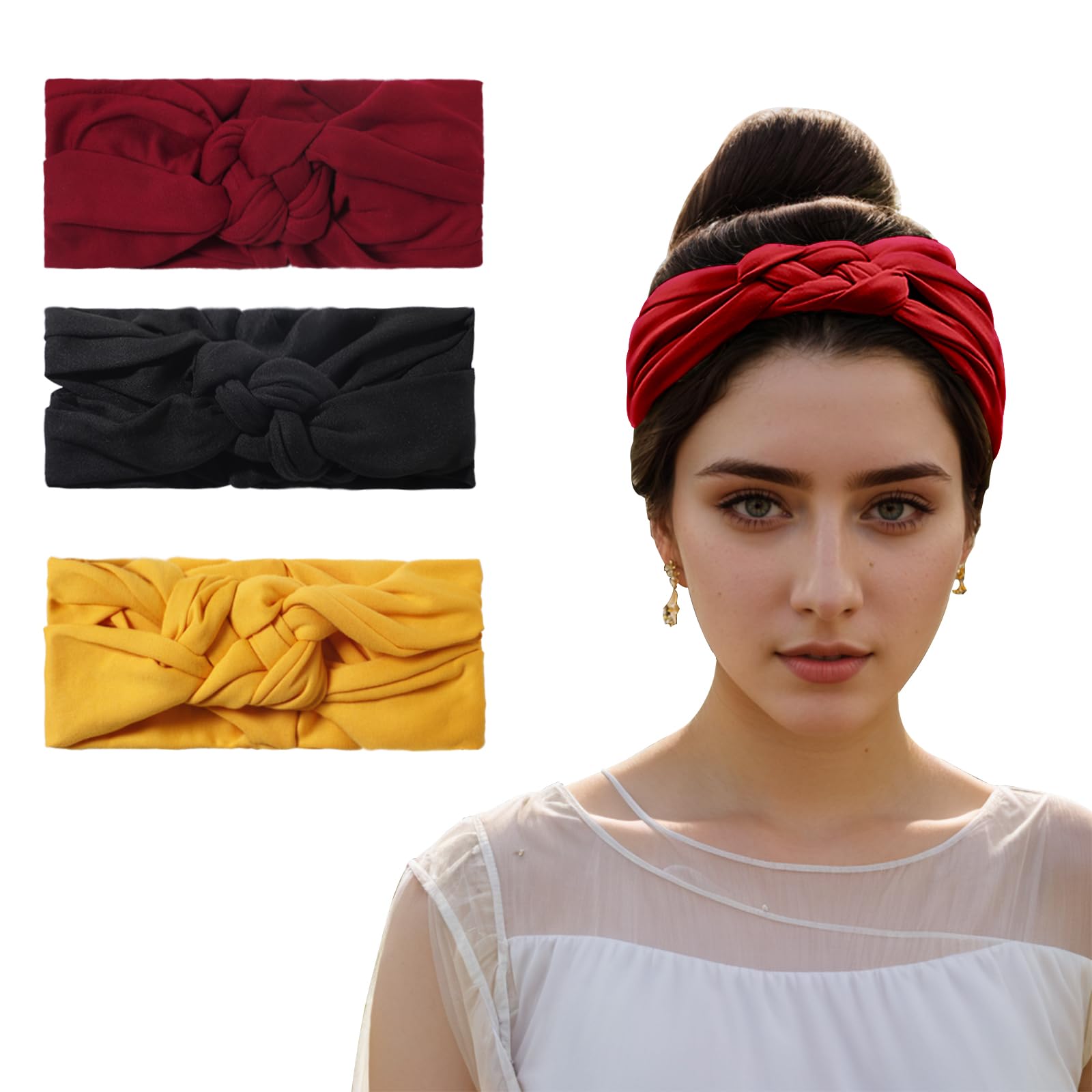 Vercret Headbands for Women Sailor Knot Headband Black Double Wide Elastic Adjustable Braided Hair Bands Non Slip for Girls Boho Stretchy Turban