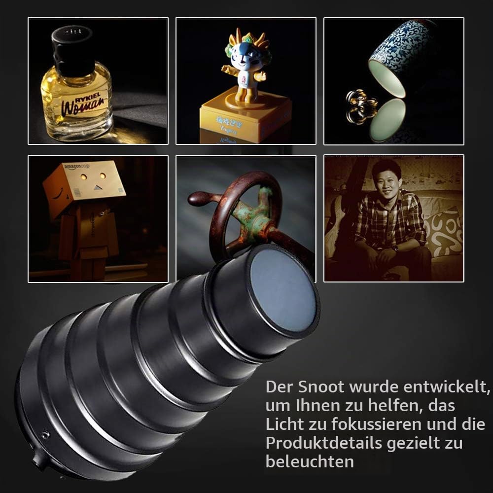 Soonpho Konisches Snoot-Kit aus Aluminiumlegierung für Bowens-Mount-Strobe-Flash-Speedlite, inkl. Wabengitter und 5 Farbfilter
